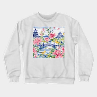 Pagodas, canary birds and magnolia watercolor pattern Crewneck Sweatshirt